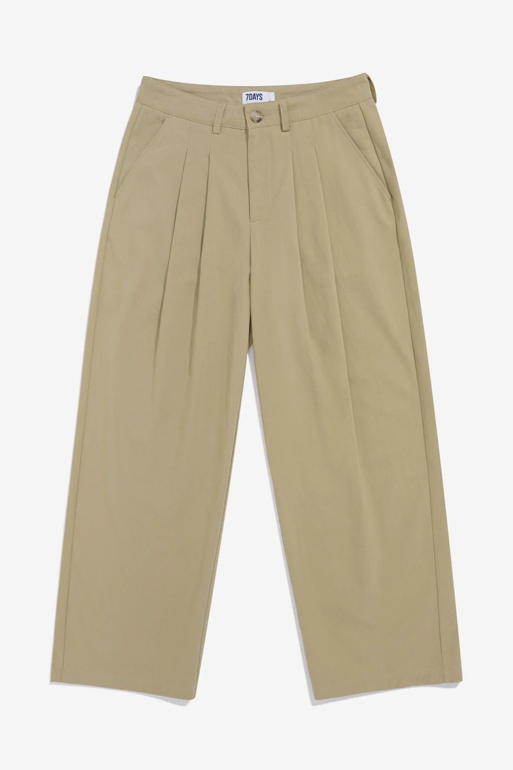 PLEATED WIDE KHAKI PANTS - BEIGE