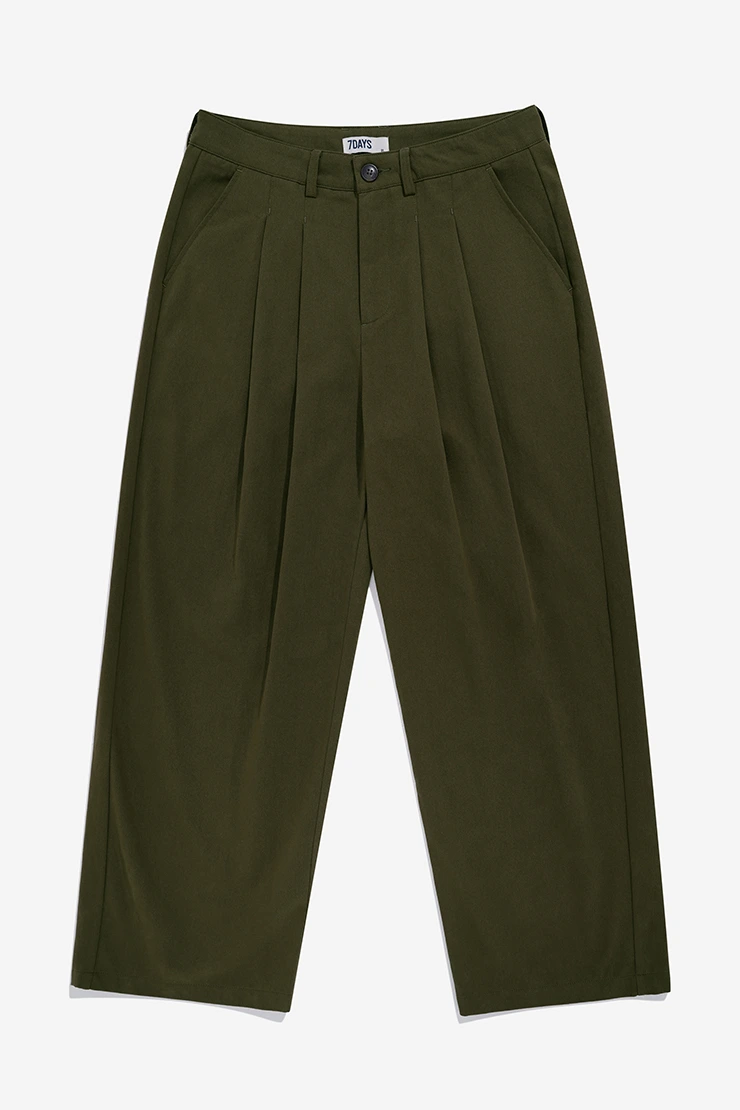 PLEATED WIDE KHAKI PANTS - OLIVE